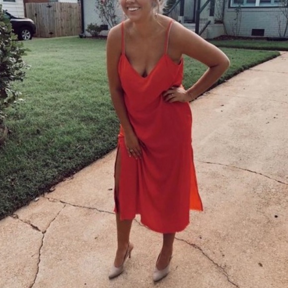 NWT Aerie neon coral midi length sleeveless slip dress with side slits size S - Picture 4 of 14